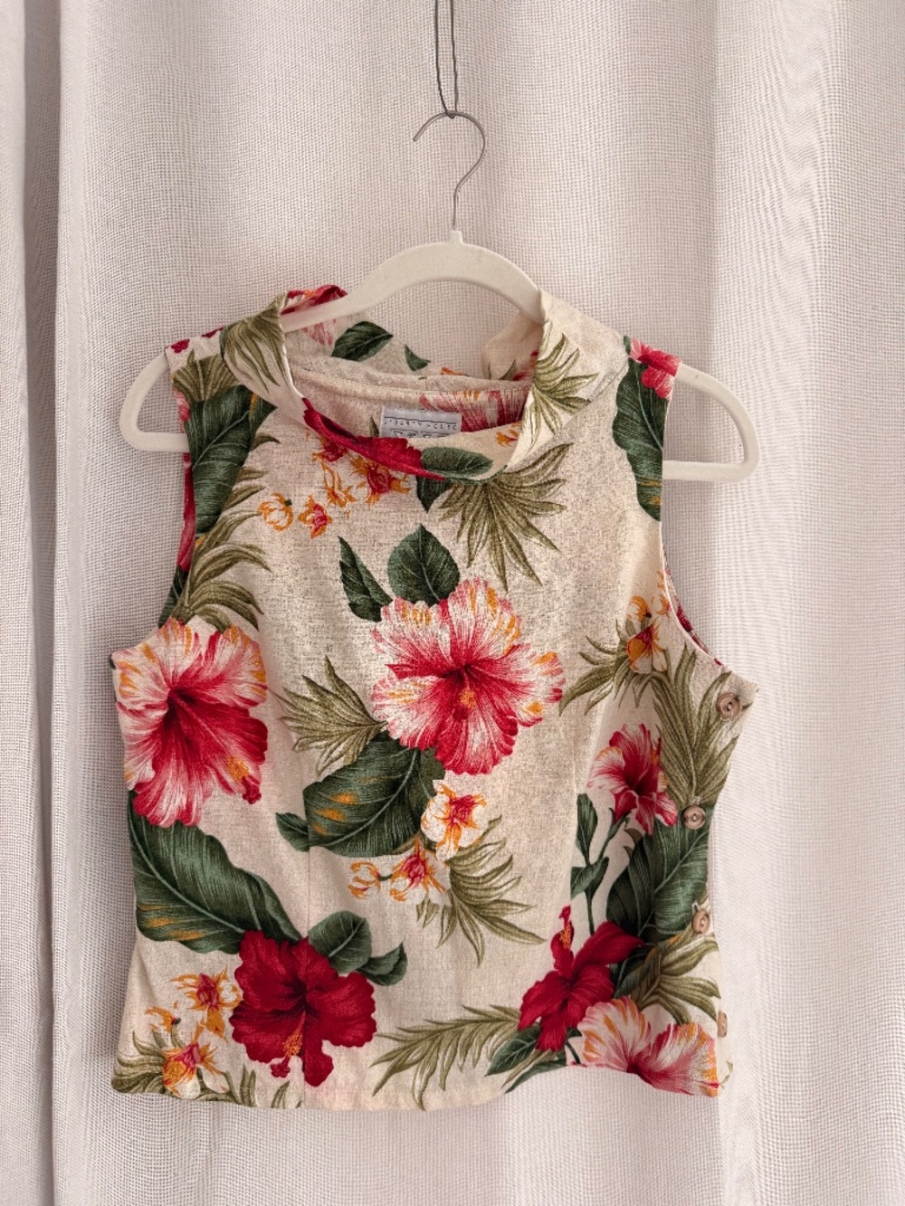 Vintage Hawaiian Liberty House Floral Hibiscus Mock Neck Sleeveless Top